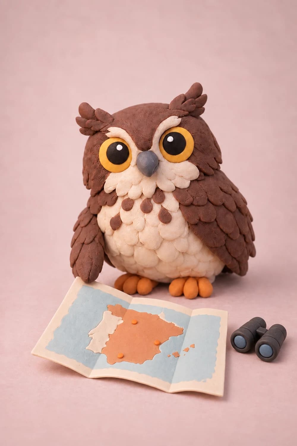 Búho de plastilina junto a un mapa minimalista de España y unos prismáticos