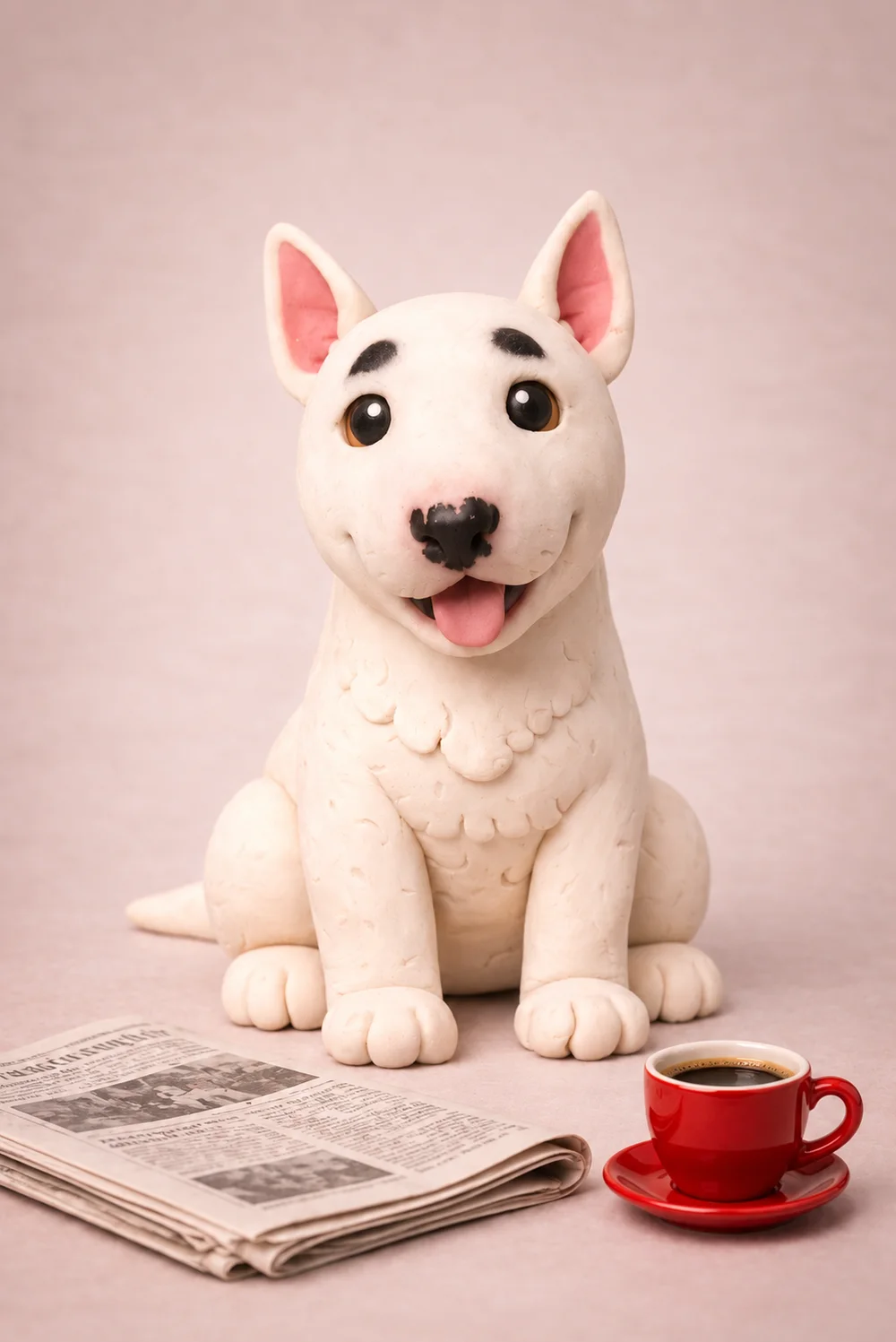 Vega, una perrita de plastilina, con un periódico y una taza roja de café a sus pies